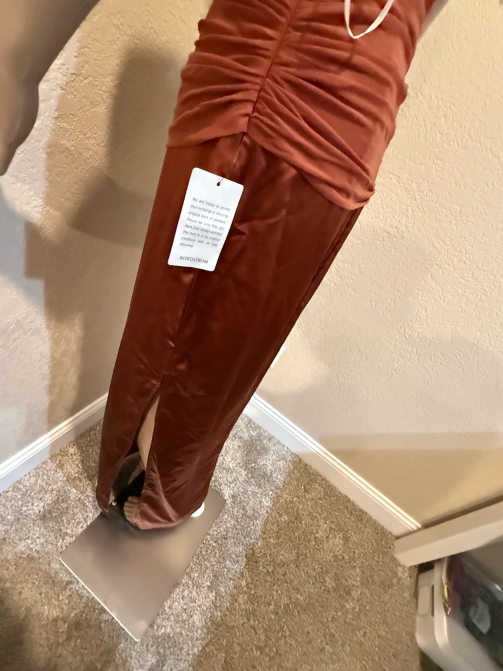 New! Lulu's Rust Red Satin Ruched Slip Prom / Formal Dress — Size Small - Picture 7 of 7